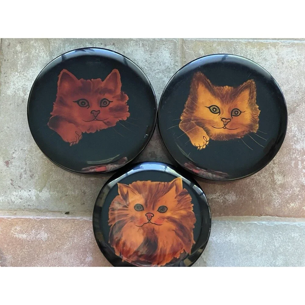 Vintage Wood Black Lacquer Set of 3 Large Cat Trinket Boxes Handpainted